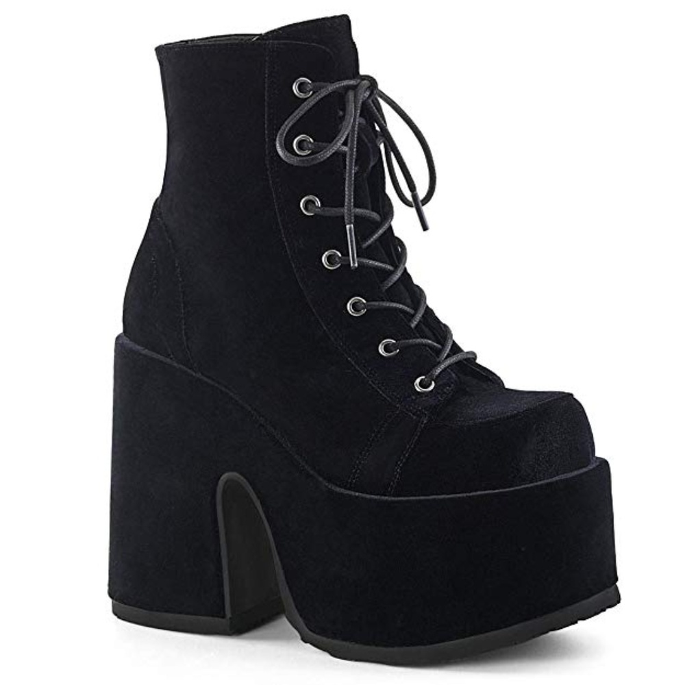 Demonia Camel 203 Black Velvet Platform Ankle Boot